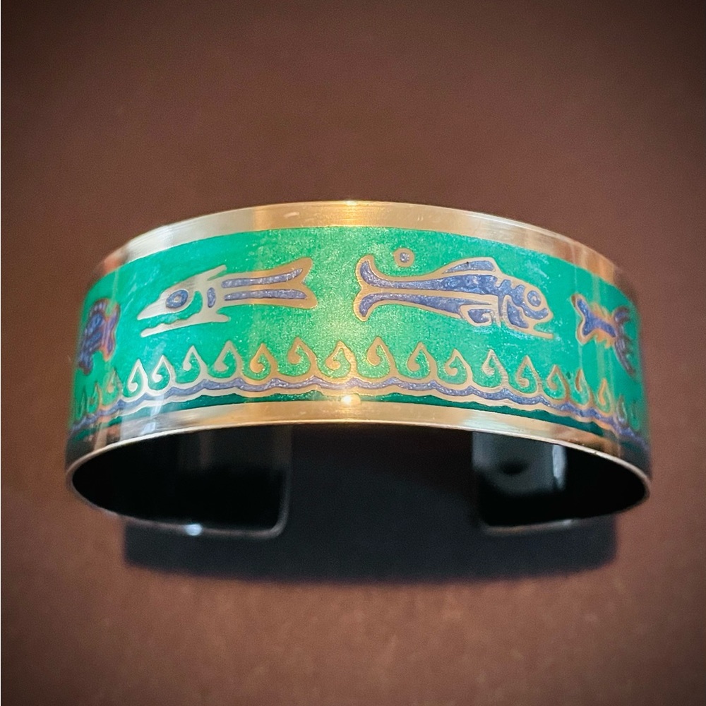 Vintage Enamel Cuff Bracelet  - Aztec Sea Animals - Rodriguez Fernandez Style